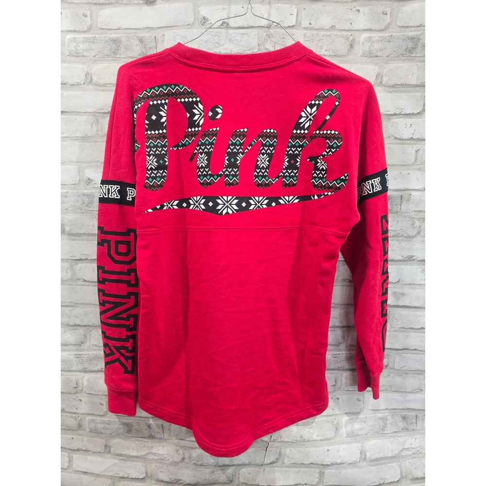 Victoria's Secret XS PINK Holiday‎ Christmas Campus Crew Long Sleeve Shirt Red
